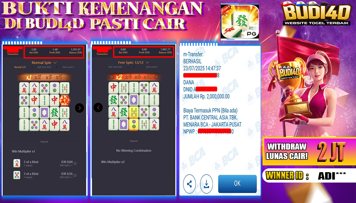 BUDI4D JACKPOT USERID:  ADI**** SLOT PGSOFT MAHJONG WAYS Rp.2.000.000,- LUNAS
